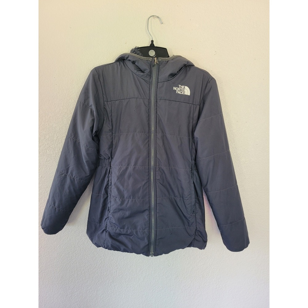 The North Face Girls Reversible Jacket Blue Gray XL Hooded Puffer Fleece Coat #R